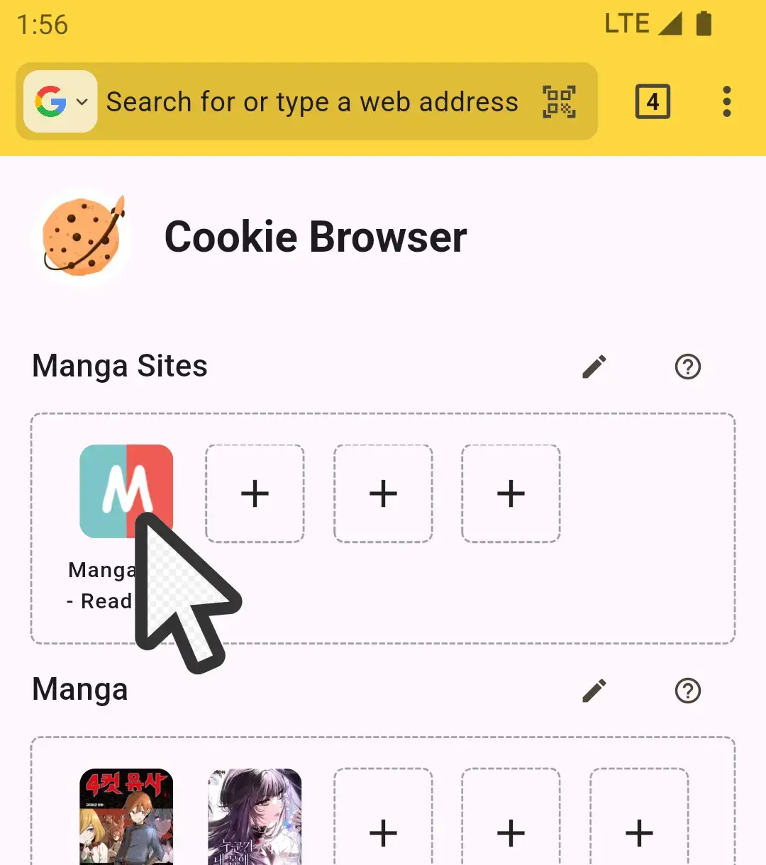 Screenshot of open manga site from widget