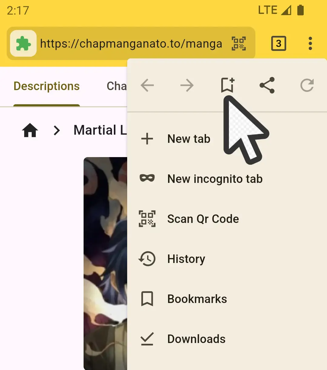 Screenshot of bookmarking the manga site