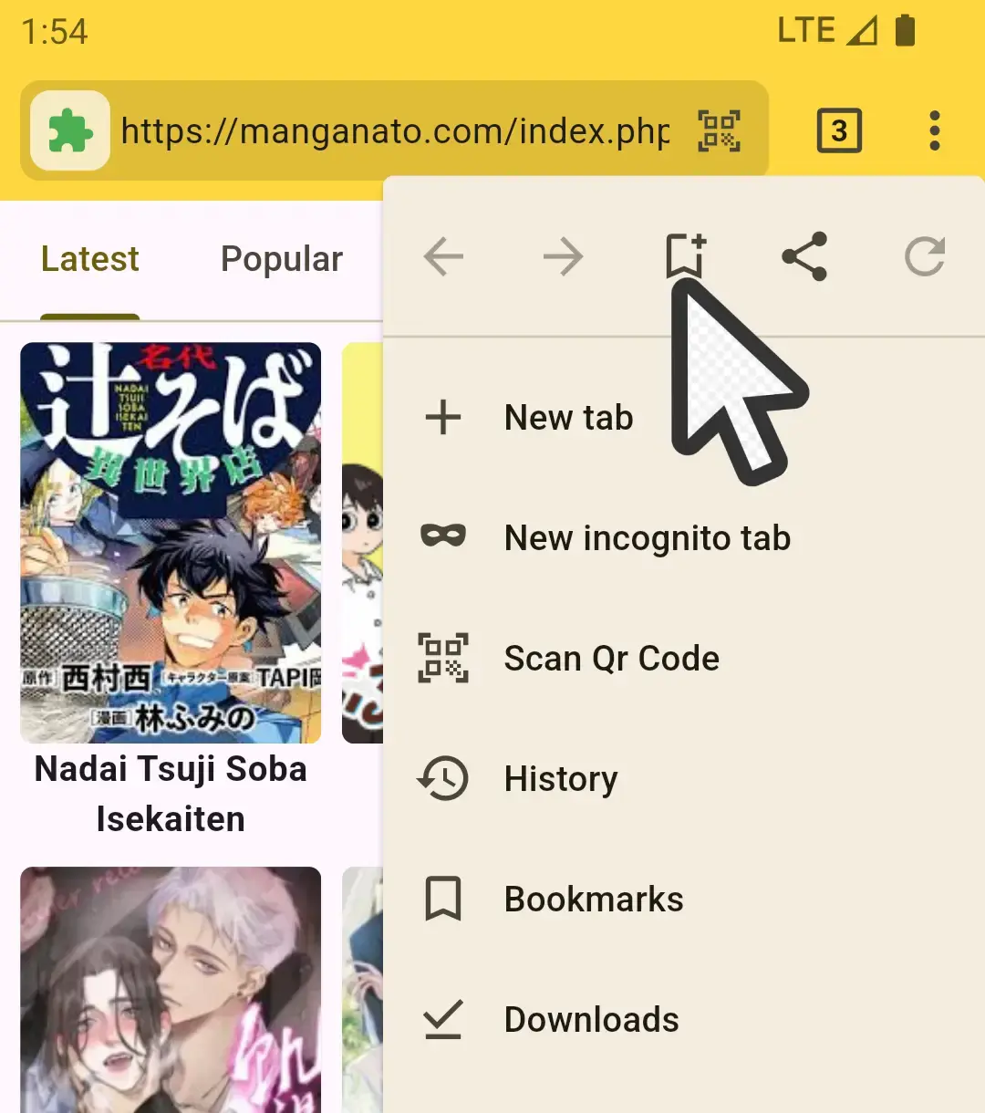 Screenshot of bookmarking the manga site